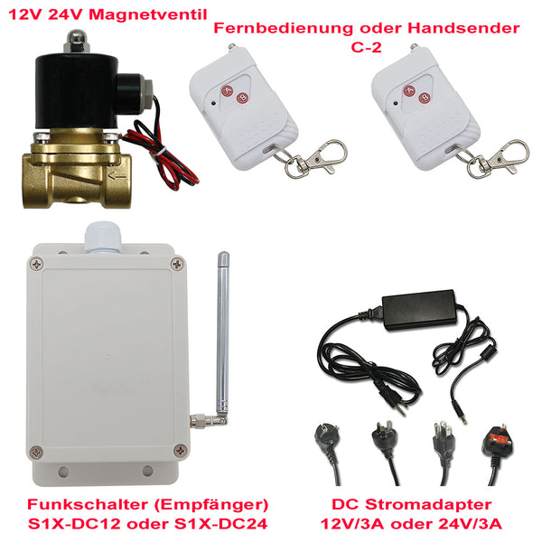 12V 24V Magnetventil mit Fernbedienung Funkschalter und Stromadapter (Modell: 0020568)